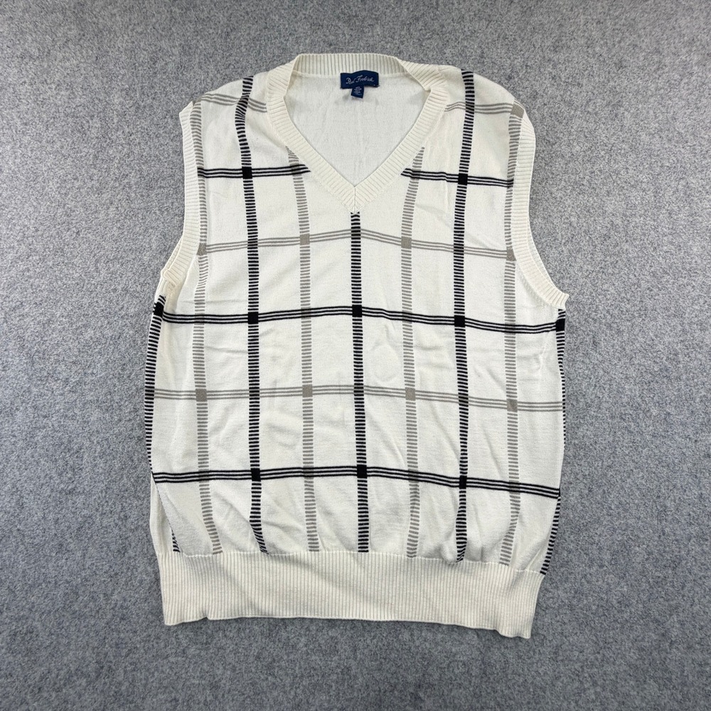 Paul Fredrick Mens Small Cream Plaid V-Neck Sweater Vest Cotton Modal Windowpane